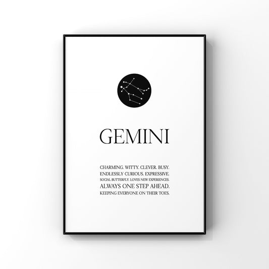 Gemini print,Gemini wall art,Zodiac Gemini print,Gemini constellation,Gemini gift,Zodiac print,Astrology print,Star sign,Zodiac birthday