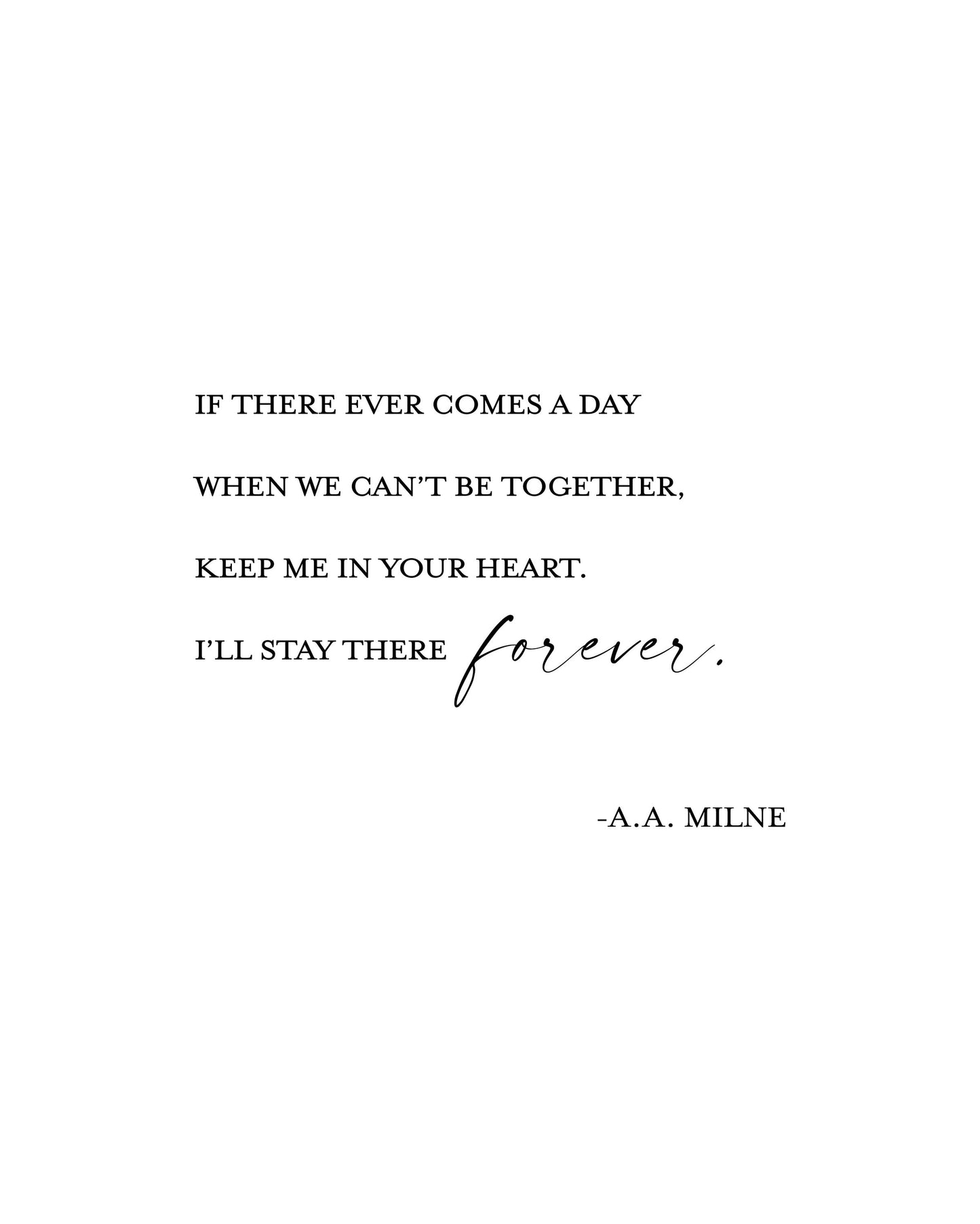 If there ever comes a day when we can’t be together,Keep me in your heart,AA Milne print,Nursery decor,Nursery quote,Winnie the Pooh